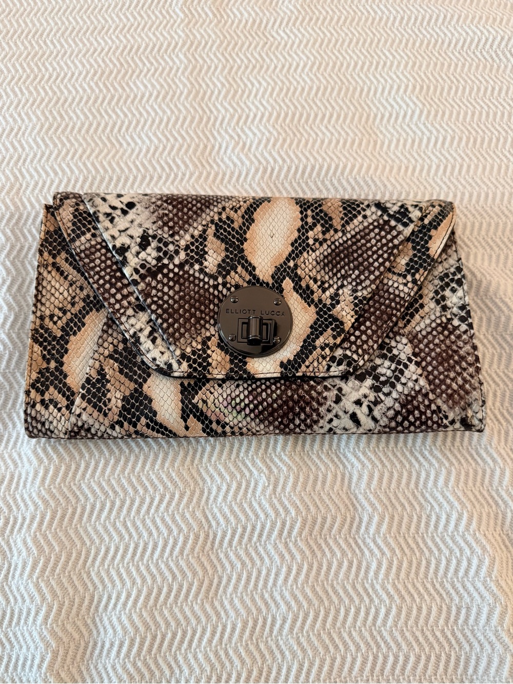 Elliott Lucca 100% Leather Neutral Snake-Print Envelope Clutch with Turn-Lock